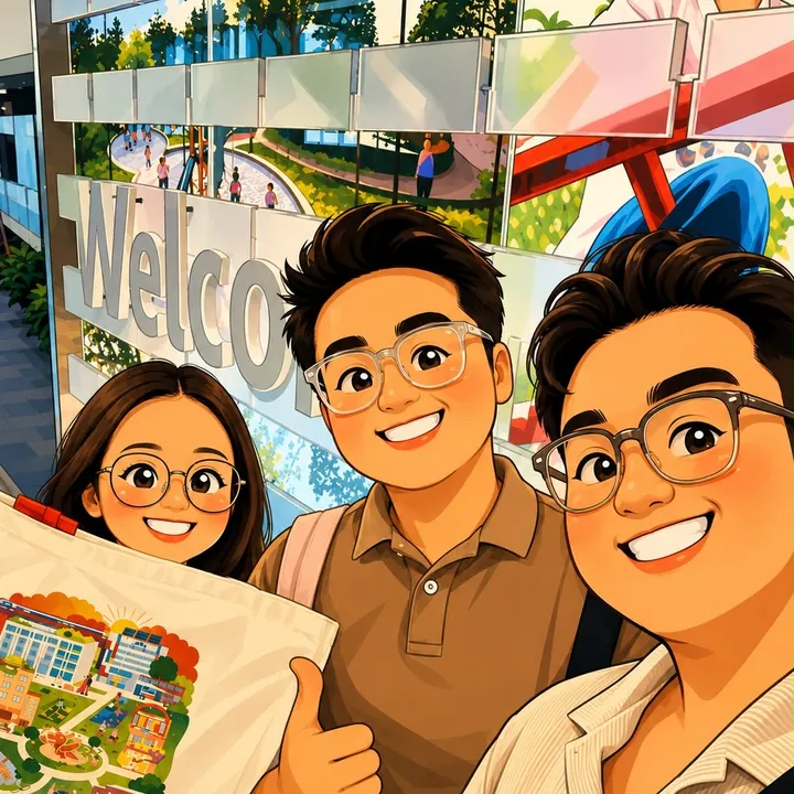 Illustrated selfie of the buyers and Davis giving a thumbs-up after buying their Jurong West flat